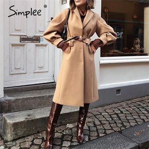 Fashion trend camel Womens coat British style long lace up warm wool jacket High street style winter outdoor coat 201221