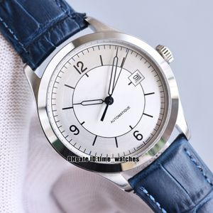 Uppgraderad version Datum Master 1548530 Mens Automatisk klocka 39mm Silver Dial 316L Steel Case Blue Leather Strap Gents Sport Watches