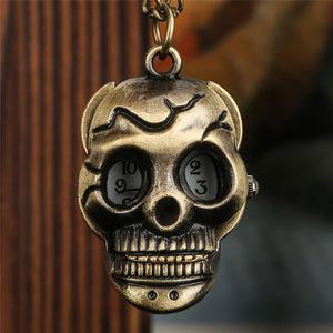 Bronze Watches Skull Head Shape Men Women Retro Quartz Pocket Watch Small Size Clock with 80Cm Chain Present