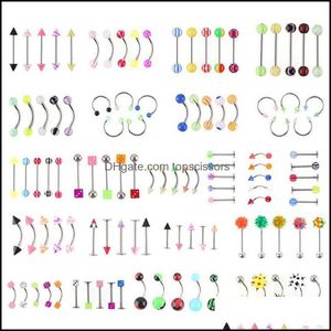 Body Arts Set av 110 Colorf Piercing Barbell Rostfritt stål Akryl Näs Tungläpp Belly Bar för män och kvinnor Dr TopScissors DHCE6