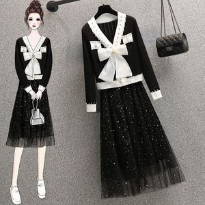 Work Dresses JSXDHK Lareg Size Women Knitted 2 Piece Set Autumn Fashion Bowknot Diamonds V Neck Cardigan Sweater +Sequin Mesh Midi Skirt Sui