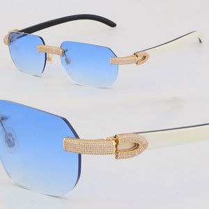 Neue Designer-Sonnenbrille aus Metall mit Mikropavé und Diamantbesatz, randlose Original-Sonnenbrille aus schwarzem Büffelhorn, innen weiß, 18 Karat Gold, UV400-Linse, männlich und weiblich, Wickelrahmengröße: 57