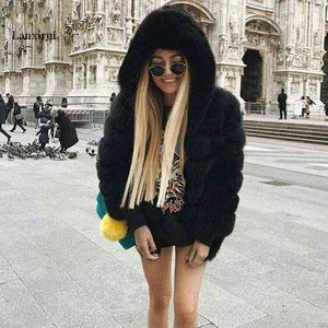 Fake Fur Coat Female Jacket With Hood Whole Skin Men Made Women Winter Luxury thick L220714
