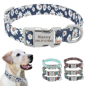 Custom Dog Collar Nylon Floral Engraved Pet Puppy Collar Print Personalized Name Collars for Small Medium Large Dogs Pitbull 220610