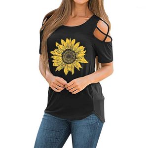 Women's T-Shirt Summer Sunflower Print T-shirts Women Casual Off Shoulder Short Sleeve Strappy Cold Tee Tops Tunic 2022 Mujer Camisetas A40