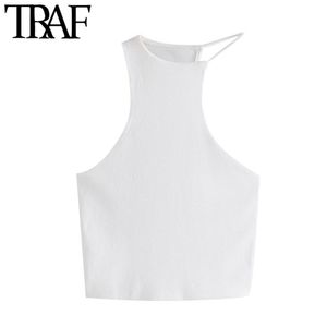 TRAF Mulheres Sexy Moda Irregular Cropped White Knit Tanque Tops Vintage Sem Mangas Slim Slim Feminino Camis Mujer 220325