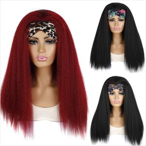 24 inç Kinky Düz Head Band Peruk Sentetik Yaki Isıya Dayanıklı Elyaf Afro Peruklar Siyah Beyaz Kadınlar