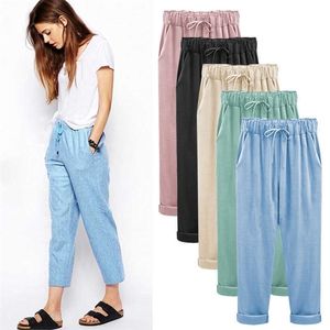 Cotton Linen Pants Elastic high Waist Ankle Length Casual Women Loose spring pants 211006