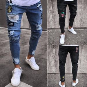 Модные мужские эластичные разорванные тощие байкерские джинсы разрушенные пленку из стройной деним хип -хоп брюки Rip Long Troursers