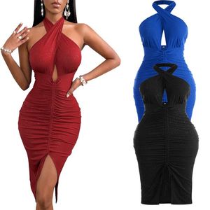 Casual Dresses Summer Fashion Ruched Hollow Out Backless Sexy Halter Glitter Party Bodycon Women Midi Elegant High Waist Night ClubCasual