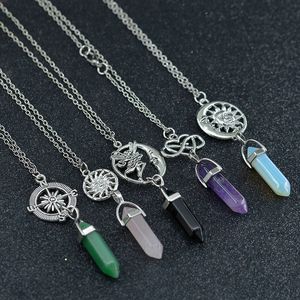 Natural Stone Healing Point Pendant Necklaces Angel Heart Sun Charm Crystal Stone Quartz Hexagonal Necklaces for Women Fashion Jewelry