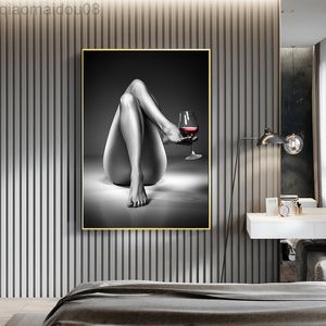 Obraz na płótnie Nude Woman kieliszek do wina malowanie czarny biały seksowna dziewczyna plakaty Wall Art nowoczesne zdjęcia S do salonu Home decor L220810