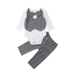 Kleidungssets CitgeeGentleman Baby Jungen Fliege Tops Strampler Patchwork Hosen 2-teiliges Set Formeller Anzug Grau Herbst Hübsche OutfitsKleidung