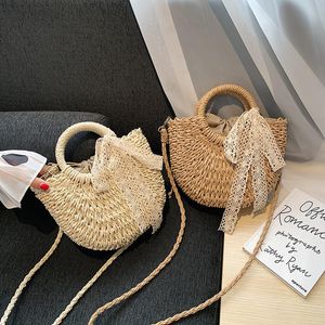 Cross Body Lässige Rattan Korbtaschen Korbgeflecht Spitze Damen Handtaschen Stroh Schulter Umhängetasche Sommer Strand Kleine Tote Bali Geldbörsen 2022