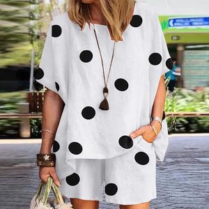 Sommer Frauen Passenden Sets Oansatz Halbe Hülse Polka Dots Gedruckt Bluse Mode Lässig Urlaub Elastische Hose Trainingsanzüge