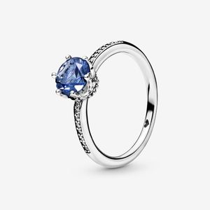 100% 925 Sterling Silver Blue Sparkling Crown Solitaire Ring per le donne Wedding Egagement Anelli Accessori per gioielli di moda