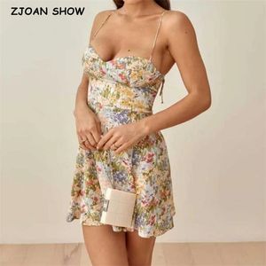 Retro French Yellow Green Floral Grass Print Spaghetti Strap Dress Sexy Women Lacing Up Sling Short Dresses Holiday Robe 220511