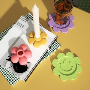 Floral Smiley Face Kerzenhalter Betonform Silikonzement Kerzenmesser Coaster Form Home Collection Tablett Dekoration Werkzeug