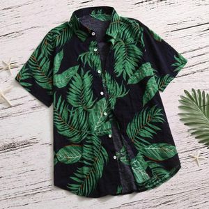 Men's Casual Shirts Hawaiian Men Shirt Leaves Print Streetwear Summer Stand Collar 2022 Fashion Beach Short Sleeve Tops