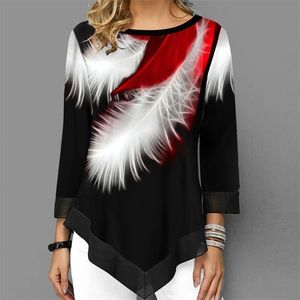Элегантные женские футболки пэчворки топы с длинным рукавом круглые шеи женские печать рубашки повседневные свободные пуловер футболка плюс размер 5xL 220408