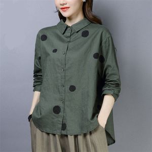 Herbst Kunst Stil Frauen Shirts Plus Größe Lose Langarm Casual Bluse Polka Dot Print Baumwolle Leinen Hemd Damen Tops 210226