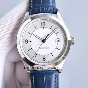 Top 39mm Date Master 1548530 Orologio automatico da uomo Quadrante argento Cassa in acciaio 316L Cinturino in pelle blu Orologi sportivi da uomo