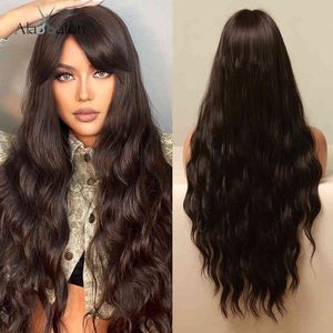 Cheveux Longs Avec Frange achat en gros de Alan Eaton Synthetic Hair Wig Dark Brown Long Water Wave Hair For Black Women Cosplay Party Wig with Fringe High
