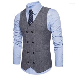 Män formell tweed check dubbel breasted waistcoat retro smal passform jacka man mode väst 18august21 stra22