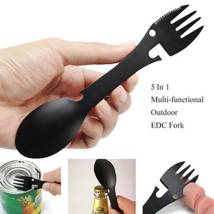 Outdoor Gadgets Survival Tools 5 in 1 Camping Multi-functional EDC Kit Practical Fork Knife Spoon Bottle/Can Opener