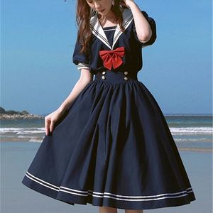 Harajuku Sailor Callar Dress Navy Dress اليابانية Lolita حلوة القوس الفتاة Retro Kawaii preppy نمط قصير الأكمام فستان النساء 220511