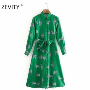 Zevity New Women Fashion Animal Animal Print Long Casual Shird Dress Office Lady Breched Bow Sashes Vestido Chic Dresses210322