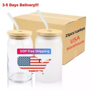 US STOCK Fast Delivery 12oz 16oz Sublimation Tumblers Blanks Clear Frosted Glass Mugs Coffee Tea Juice Water Bottles With Bamboo Lid And Straw