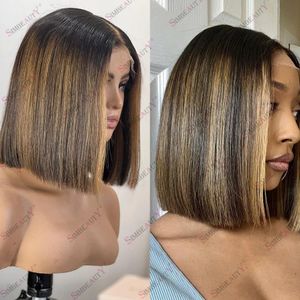 Silkeslen Straight Bob Highlight Blond Remy Peruansk Human Hair 13x6 Deep Part Spets Front Wig For Black Women