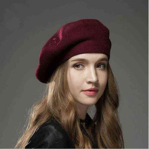 Ylwhjj nowe kobiety berets kapelusz moda solidna wełna wełniane berety z rhinestone panie francuską artystę bean beret hat j220722