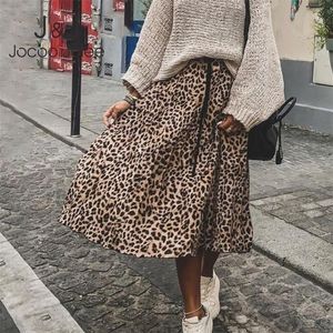 Jocoo Jolee Skirt Women Leopard Print Pleated Skirts Vintage Drawstring Elastic Waist Midi Skirts Casual Korean A Line Skirt 210311