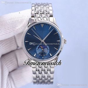 Master Ultra Thin Q1368471 Moon Phase Automatic Mens Watch Blue Dial Silver Stick Markörer Rostfritt Stål Bracelet TimezoneWatch Y10D4