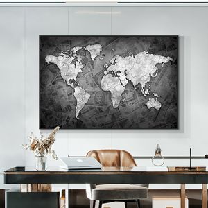 Svartvit världskarta på duk tryck målning nordisk affisch väggkonst bild för levande noom hem dekoration ramlös