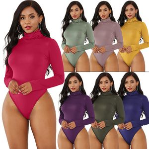 10Color Long Sleeve High Neck Jumpsuits Women Fit Allinone Pants Autumn Solid Skinny Vintage Turtleneck Bodysuit Women Rompers 220801