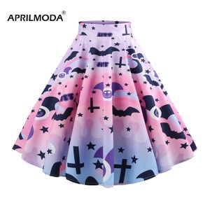 Retro Ghost Bat Print Halloween Skirt 50s High Waist Hepburn Vintage Christmas Jurken Long Cotton A-Line Party Women's Clothing 220317