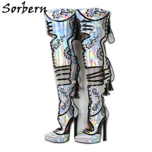 Sorbern Dostosowane Mid Udo Buty Kobiety Switaped Toe Platform High Heel Stilettos Leopard Shiny Hot Pink Fetish Shoes Lace Up