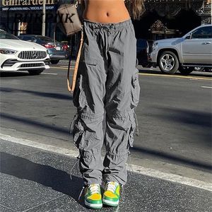 BIIKPIIK Women Pockets Sweat Pant Vintage Workout Overalls Mid Waist Drawstring Loose Cargo Pants Streetwear Jogging Trousers 220815