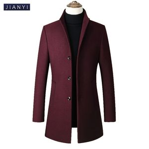 Män ullblandningar rockar Autumn Winter Solid Color High Quality Men's Wool Jacket Mid-Length Single-Breasted Stand-krage Coat 201128