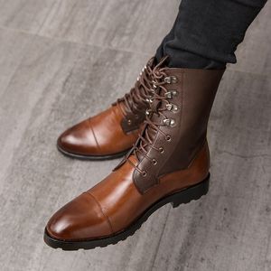 British Short Boots Men Brown PU Round Toe Low Heel Wing Tip Lace Up Fashion Versatile Casual Street Outdoor Daily Dress Shoes