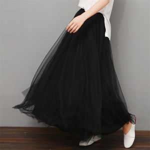 Spring 95 CM Long Thick 2 Layers Mesh Expansion Skirt Black White Yellow Tulle Elastic Waist Beach Travel Skirts 220317