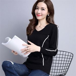 2020 Women S Solid Color V Neck Sweater Europa e América Sweater Longe Grande Sweater Black LJ201112