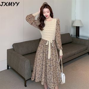 jxmyyファッション製品秋シックレトロレトロの穏やかな風の編みステッチ包帯花ラルドレス女性210412