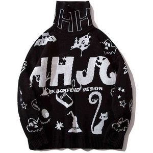 Harajuku Gestrickte Pullover Cartoon Spaß Brief Jacquard Dark Rollkragen Pullover Harajuku Hip Hop Straße Lose Männer Kleidung homme T220730