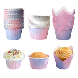 Gradient Cupcake Liners Cake Bakkoppar Greaseproof Paper Muffin Wrappers Desserthållare För Fest Bröllop Phjk2203