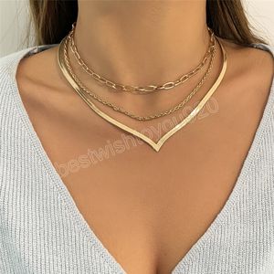 Colar de cadeia de cobra lisa de cobre vintage para mulheres em forma de V-em forma de gargantilha clavícula link collares jóias estéticas