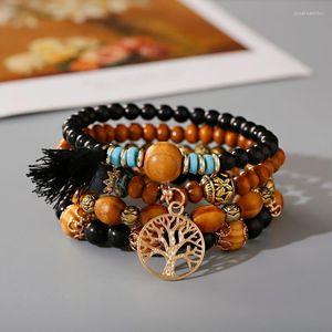 4PCS/Lot Wood Beaded Bracelet Set Charm Handmade Men Elastic Bracelets For Women Vintage Bangle Femme Link Chain